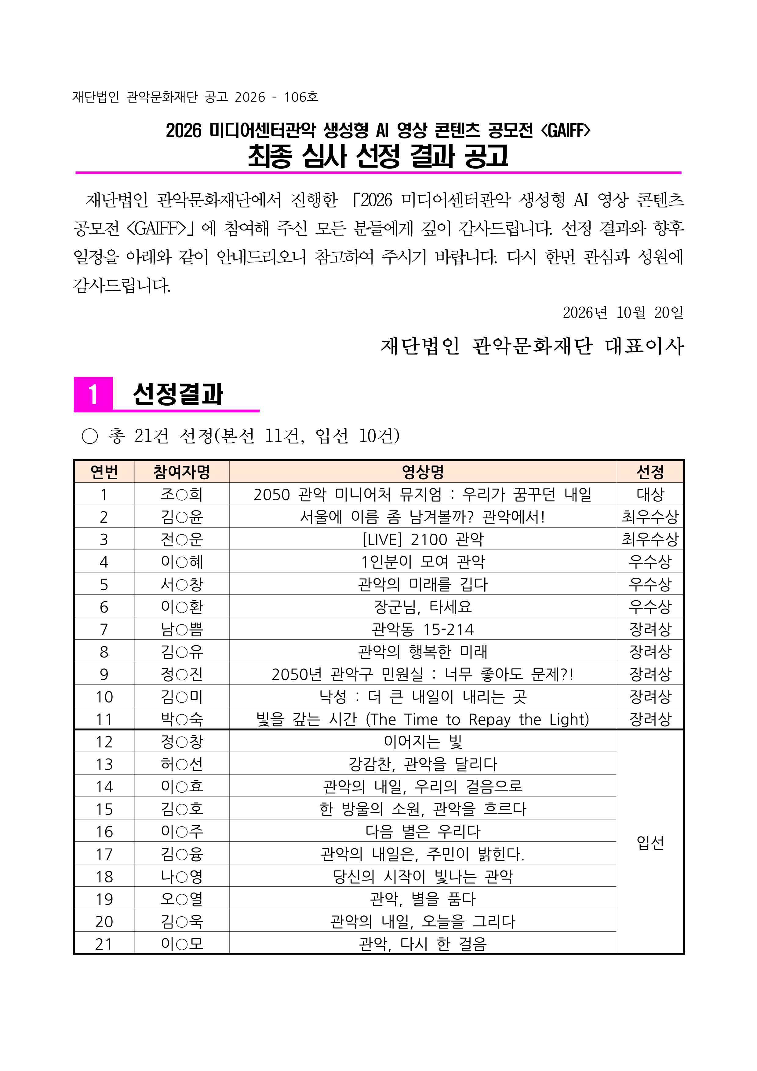 공고문 2026 미디어센터관악 생성형 AI 영상 콘텐츠 공모전 〈GAIFF〉 최종 심사 선정결과 공고1